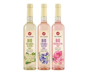 Höllinger Bio Sirop Floral, Lot de 3 Bouteilles en Verre de 500ml, Fleurs de Sureau, Rose et Lavande, Sirop Biologique Sans Alcool, Dilution 1:9