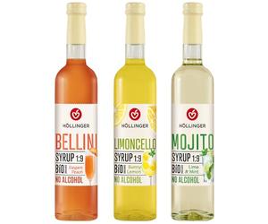 Höllinger Sirop Bio Sans Alcool, Bellini Pêche, Limoncello Citron, Mojito Citron Vert & Menthe, Dilution 1:9
