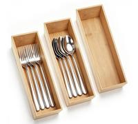 Hoement 3 Pièces Boîte de Rangement en Bambou Beige, Grande Capacité | Organisation du Maquillage, Accès Rapide, Empilable, pour Coiffeuse et Maison, Simple et Propre