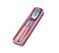 Hoement Set de Couverts Inox et Céramique Portable avec Étui Fourchette Cuillère Baguettes pour Voyage Camping et Maison Rose
