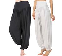 Hoerev Super Doux Spandex Modal Pantalon Harem Yoga Pilates，Noir + Blanc 2 Paires，L