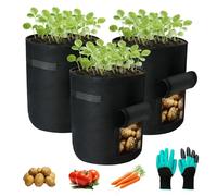 Hoewphofly 3 Pièces Sac de Culture pour Pommes de Terre Respirant Réutilisable avec Fenêtre et Poignée, Sac de Plantation Lavable et Pliable pour Légumes, Fleurs, avec Gants de Jardinage (7 Gallons)