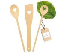 HOFMEISTER® Set de cuisine 3 pièces en bois de hêtre - 30 cm, fabriqué à la main en Europe, 2 cuillères & 1 spatule, antirayures, cadeau avec cœur pour les amoureux