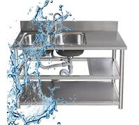HOFMSX Évier de Cuisine Utilitaire autoportant en Acier Inoxydable à Double cuve avec Robinet, établi et étagères de Rangement pour Garage, Restaurant, buanderie, extérieur