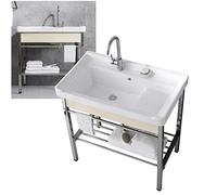 HOFMSX Évier de Cuisine Utilitaire autoportant en céramique avec étagère en Acier Inoxydable et Robinet - Ensemble de Meuble-lavabo Simple Moderne pour Salle de Bain de Ferme