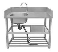 HOFMSX Évier de Cuisine Utilitaire Commercial en Acier Inoxydable à Une cuve avec établi et étagères de Rangement Doubles, Robinet autoportant pour Salle de Bain, Restaurant, Ferme