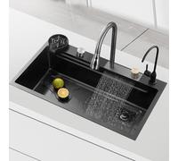 HOFMSX Évier de Cuisine Utilitaire en Acier Inoxydable 304 Noir avec Robinet à Tirette et Cascade, cuve Simple, évier de Bar Familial avec Ensemble Complet d'accessoires de Lavage, d'égou