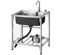 HOFMSX Évier de Cuisine Utilitaire | Évier Simple sur Pied en Acier Inoxydable 304, Usage Commercial, 1 Compartiment, avec Robinet et étagère de Rangement, pour l'intérieur et l'extérieur