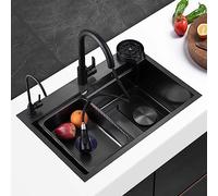 HOFMSX Évier de Cuisine Utilitaire Éviers Nano Noirs en Acier Inoxydable 304 Robinet extractible Fly Rain et Accessoires Poste de Travail à cuve Unique Appareil de Lavage de Tasses pour r