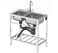 HOFMSX Évier de Restaurant Commercial, évier à Double cuve en Acier Inoxydable avec Robinet d'eau Chaude et Froide, Restauration pour Cuisine d'hôtel