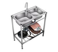 HOFMSX Évier en Acier Inoxydable, évier Commercial à Deux cuves avec étagères de Rangement et Robinet, Utilitaire autoportant pour Restaurant, Ferme, Garage, intérieur et extérieur