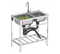 HOFMSX Évier Professionnel en Acier Inoxydable avec Robinet d'eau Chaude et Froide, Double cuve, kit Complet pour Cuisine, Restaurant et arrière-Cour (Argent, Dimensions : 80 x 43 x 75 cm