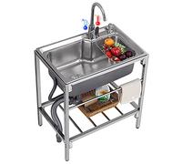 HOFMSX Évier Utilitaire autoportant en Acier Inoxydable, 1 Compartiment, Ensemble Commercial, lavabo avec Robinet d'eau Chaude et Froide, étagères de Rangement pour buanderie intérieure e