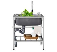 HOFMSX Évier Utilitaire sur Pied, Ensemble d'évier Commercial en Acier Inoxydable, lavabo avec Robinet d'eau Chaude et Froide, étagères de Rangement pour buanderie intérieure et extérieur