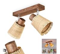 hofstein Plafonnier Lindberg, plafonnier moderne en bois/métal/raphia de couleur marron foncé/chrome/naturel, luminaire à 2 lampes de style scandinave avec spots réglables, 2 x E14, sans ampoules