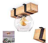 HOFSTEIN Plafonnier Montgomery, lampe de plafond en métal/bois/verre en noir/nature/clair, design scandinave avec poutre en bois et abat-jour en verre (Ø 15 cm), 1 x E27, sans ampoules