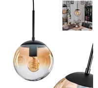 hofstein Suspension Gastor, lampe à suspension en métal/verre noir/ambre/clair, luminaire au design rétro/vintage moderne avec abat-jour en verre (Ø 20 cm), hauteur max. 130 cm, 1 x E27, sans ampoule