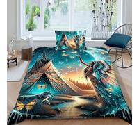 HOGDISAJD Amérindiens Housse De Couette Parure De Lit 3D Imprimée Peuples autochtones Parure Décor De Chambre 2 Pièces avec Fermeture Éclair Adulte Kids Et 1 Taies d'oreiller Single（135x200cm）