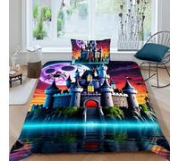 HOGDISAJD château Lune Housse De Couette Parure De Lit 3D Imprimée Halloween Parure Décor De Chambre 2 Pièces avec Fermeture Éclair Adulte Kids Et 1 Taies d'oreiller Single（135x200cm）