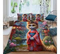HOGDISAJD Kimono Chat Housse De Couette Style Japonais 3D Imprimé Soft Le Duvet Décor + 2 Taies d'oreiller Parure De Lit pour Enfants Super King（260x220cm）