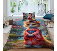 HOGDISAJD Kimono Chat Housse De Couette Style Japonais Imprimée 3D Parure + 1 Taies d'oreiller Parure De Lit pour Enfants Single（135x200cm）
