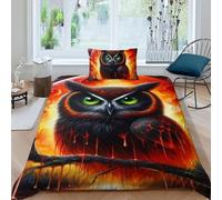HOGDISAJD Lune Rouge Hibou Housse De Couette Parure De Lit 3D Imprimée Cute animauxs en Microfibre pour Lit 2 Pièces avec Fermeture Éclair Adulte Kids Et 1 Taies d'oreiller Single（135x200cm）