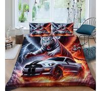 HOGDISAJD Voiture de Sport Flamme Housse De Couette Tigre Blanc 3D Imprimé Le Duvet Décor avec 2 Taies d'oreiller Parure De Lit pour Enfants King（220x240cm）