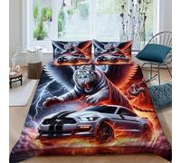 HOGDISAJD Voiture de Sport Flamme Housse De Couette Tigre Blanc 3D Imprimé Soft en Le Duvet+ 2 Taies d'oreiller Parure De Lit pour Enfants Parure Double（200x200cm）
