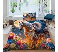 HOGDISAJD White Cheval Housse De Couette Peuples autochtones 3D Imprimé Soft Housse De Couette 2Pcs Parure De Lit pour Enfants Single（135x200cm）