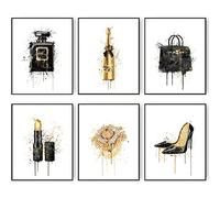 HOGEBIG Art Mural Mode Aquarelle Éclaboussures Or Champagne Noir Bouteille de Parfum Rouge à Lèvres Talon Haut Impressions Affiches Décoration Chambre Girly Décoration Murale Chambre (28 x 35,6 cm