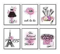 HOGEBIG Art mural mode rose Décoration murale chambre fille Impressions d'œuvres d'art de salle de maquillage Lot de 6 Paris Rouge À Lèvres 11"x14" (27.9x35.6cm) SANS CADRE
