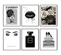 HOGEBIG Décoration murale glamour noire et grise pour chambre de fille - Art mural - Pintes argentées - Livre de parfum à talons hauts - Fleurs - Lèvres - Poster (20,3 x 25,4 cm sans cadre)