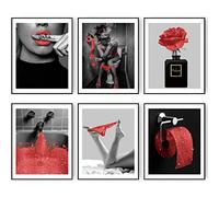 HOGEBIG Impressions murales tendance - Affiches et images sur toile de soie rouge pailletée - Œuvre d'art moderne pour salle de bain des femmes - Sans cadre (20,3 x 25,4 cm)