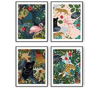 HOGEBIG Poster de la jungle et des feuilles tropicales - Impression sur toile - Flamant rose, léopard, tigre, panthère, feuilles de palmier - Impressions forestières (28 x 35,6 cm sans cadre)