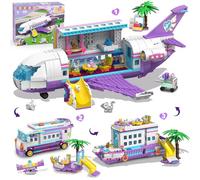 HOGOKIDS 3-en-1 Jeu de Construction d'avion - 808 pièces : Avion, Bateau, Camping-Car, avec 6 adorables Mini-Animaux, Toboggan et Autocollants, Cadeau d'anniversaire pour Filles et garçons