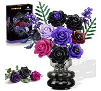 HOGOKIDS Bouquet de Fleurs à Construire - 14 Roses Violettes et Noires en Briques, 532 Pièces, Fleurs Artificielles Gothiques, Déco Maison/Bureau, Cadeau Femme Fête des Mères Anniversaire