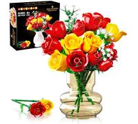 HOGOKIDS Bouquet de fleurs avec lumières - 16 blocs de construction botaniques rouges artificiels pour décoration de la maison, fête des mères, cadeaux d'anniversaire pour filles et adultes - 387