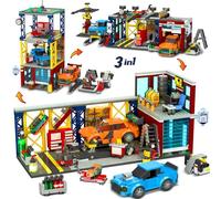 HOGOKIDS City Car Garage Kit de construction de garage 1022 pièces 3 en 1 atelier de réparation automobile, station-service, bloc de construction de lavage de voiture avec 2 voitures personnalisées,
