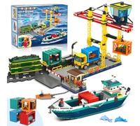 HOGOKIDS City Port avec grue de conteneur - Jouet de construction - Bateau, train, camion, 4 conteneurs avec blocs de construction de port de fret - Jouet technique pour adultes, adolescents, enfants