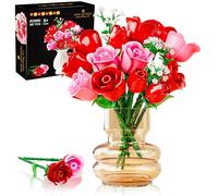 HOGOKIDS Ensemble de construction de bouquet de fleurs avec lumières - 16 blocs de construction botaniques - Roses rouges artificielles pour décoration d'intérieur, cadeaux de Noël, d'anniversaire