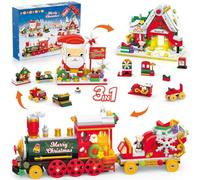 HOGOKIDS Ensemble de construction de Noël 3 en 1 avec lumière LED - 403 pièces - Train de vacances, Père Noël, maison de Noël - Mini blocs de construction avec autocollants, décoration d'intérieur de