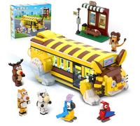 HOGOKIDS Kit de Construction de Bus Scolaire pour Chats avec éclairage - 1319 pièces Jouet Construction d'aventure en Bus Urbain avec 6 Animaux et Une Gare Mignon Lion Perroquets Tigre Blocs Ensemble