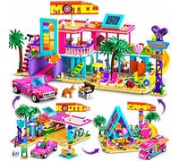 HOGOKIDS Kit de construction motel 3 en 1 avec LED et voiture pour filles à | Design pliable avec chambres d'amis, balcon, piscine, station-service et camping pour des excursions imaginatives et des jeux