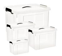 HOHAOO Boîte de rangement en plastique avec couvercle, 40 L x 2 + 25 L x 1 + 80 L x 1 grande boîte de rangement empilable transparente avec boucles de verrouillage pour la maison et le bureau