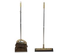 Hohopeti Balai Ménager Doré 3 Pièces Pelle à Poussière et Raclette, Balai à Poils Denses Anti-cheveux, Manche Long Ergonomique, Ensemble Compact pour Nettoyage Maison et Salle de Bain