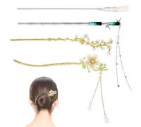 Hohopeti Bâtonnets à Cheveux Chinois Vintage en Métal, Lot de 4 Épingles à Pompons pour Coiffures Asiatiques et Chignons Féminins