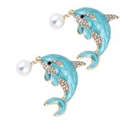 Hohopeti Broche Dauphin en Alliage de Zinc avec Perles Imitation et Cristaux, Lot de 2 Pièces, Décoration Vêtements Femme, Épingle à Revers Polyvalente pour Pull et Châle, Bleu et Argenté,