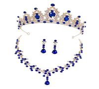 Hohopeti Ensemble Bijoux de Mariage pour Femmes Diadème Doré et Bleu Orné de Cristaux Collier Cristal et Boucles D’Oreilles Pendantes Accessoires Élégants pour Mariée et Cérémonie