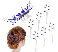 Hohopeti Pince à Cheveux Décorative en Cristal Bleu pour Mariage, Design Élégant de Feuille, Matériau Robuste Facile à Utiliser pour Mariées et Demoiselles D'honneur