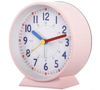 HOHOVYVY Réveil analogique sans tic-tac - Horloge sur pied - En métal - 10 cm - Réveil lumineux - Silencieux - 24 heures - Rond - Quartz - Rose